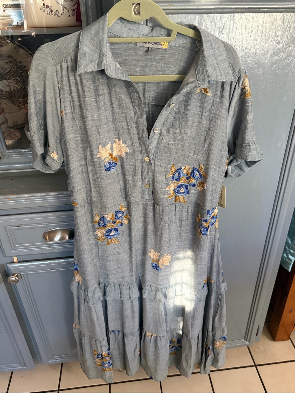 fig and flower Dusty Blue Embroidered Tiered Midi Dress
